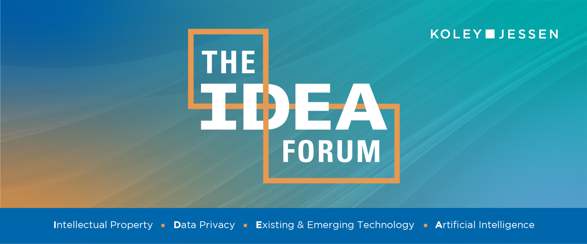 Logo for the IDEA Forum, featuring abstract curved lines. Text on the logo reads: 'the IDEA Forum' with the acronym 'IDEA' expanded as follows: Intellectual Property, Data Privacy, Existing and Emerging Technology, and Artificial Intelligence.